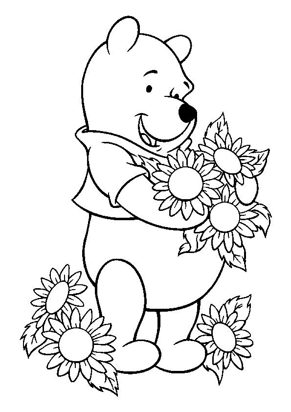 Click to see printable version of Pooh con Flores Coloring page