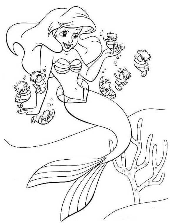 Click to see printable version of Ariel y Caballitos de Mar Coloring page